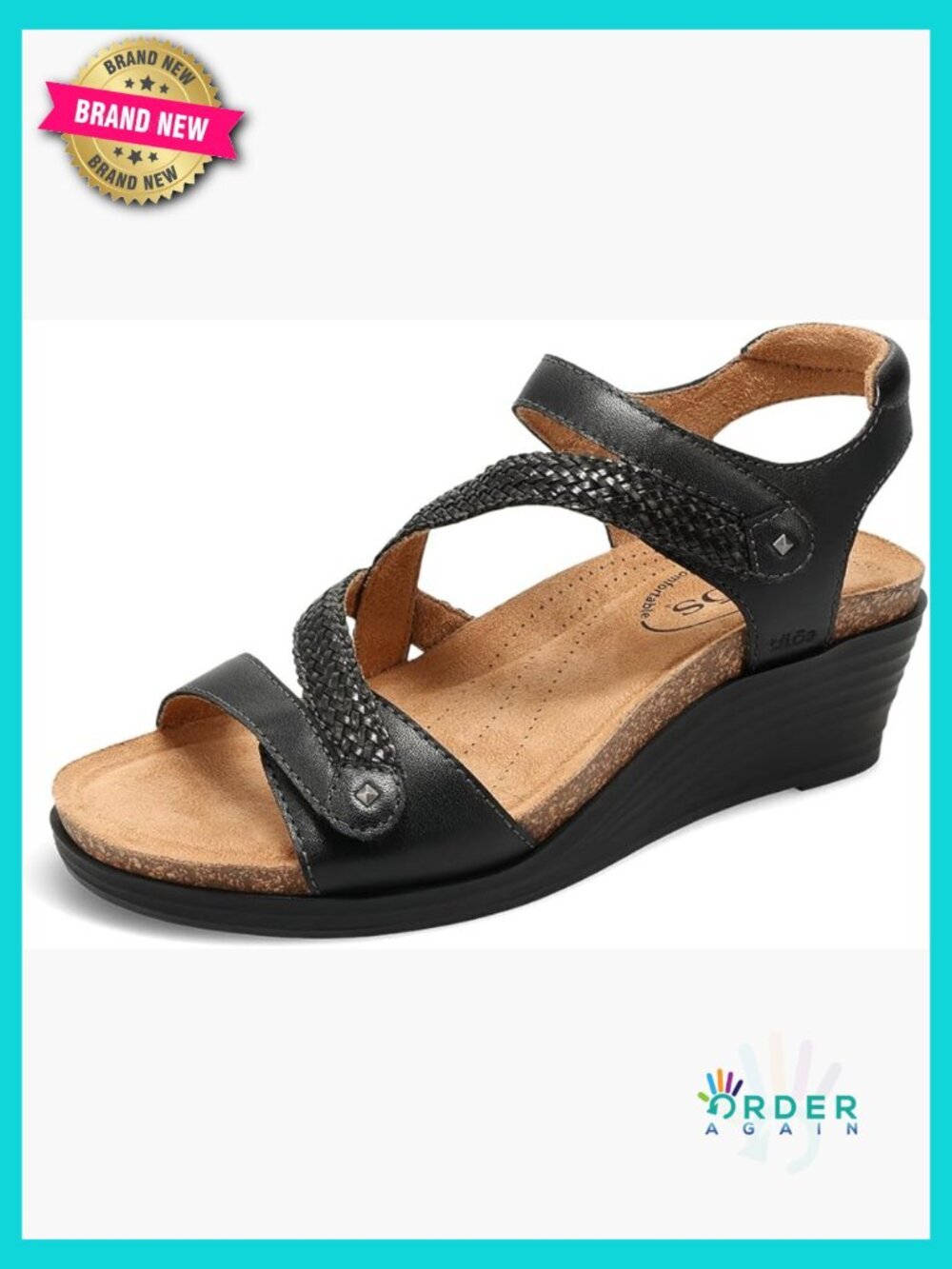 Wedge Sandals with Arch Support Leather Studded Hook & Loop Closure Open Toe